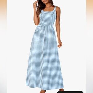Women's PRETTYGARDEN Blue Gingham Maxi Dress - Sleeveless Square Neck